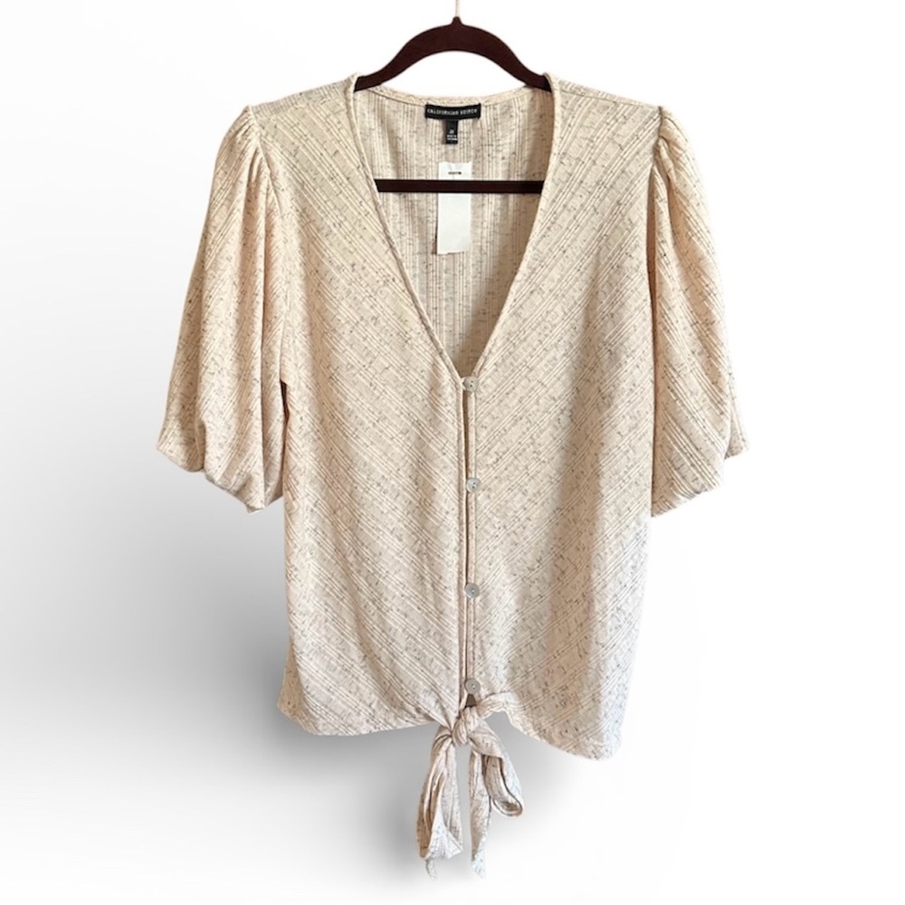 Californian Stitch-Oatmeal V-neck Blouse with Tie-Front-NWT